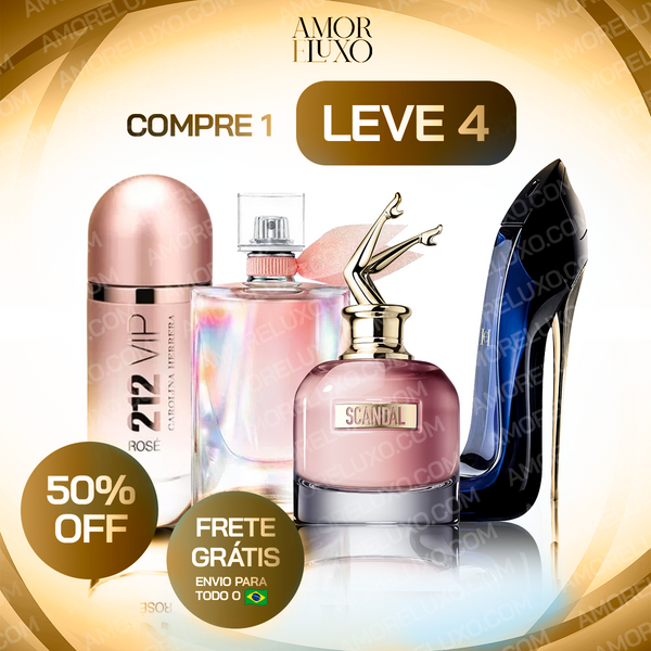 Combo de 4 Perfumes Femininos - Scandal, 212 VIP Rosé, La Vie est Belle e Good Girl